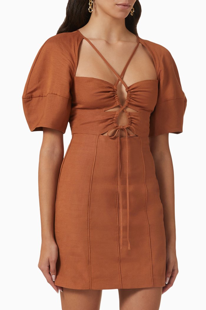 

Jules Lace-up Mini Dress in Linen-blend, Brown