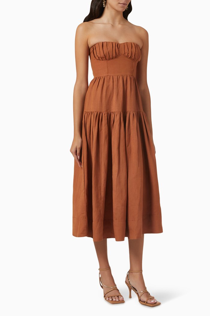 

Jules Strapless Ruched Midi Dress in Linen-blend, Brown