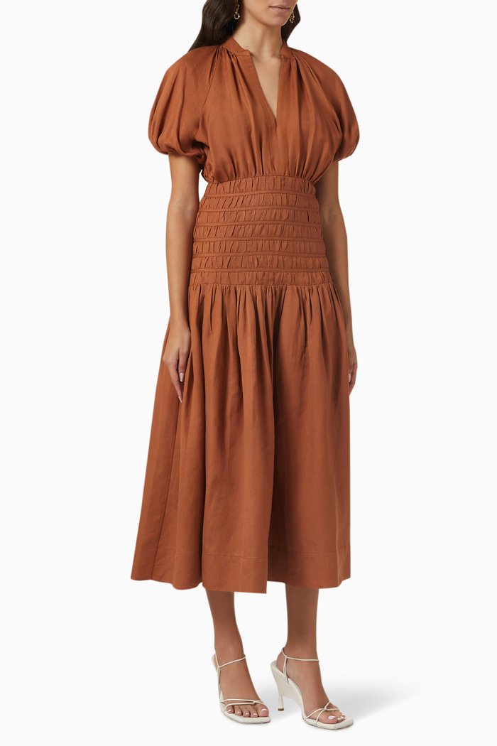 

Jules Ruched Midi Dress in Linen-blend, Brown