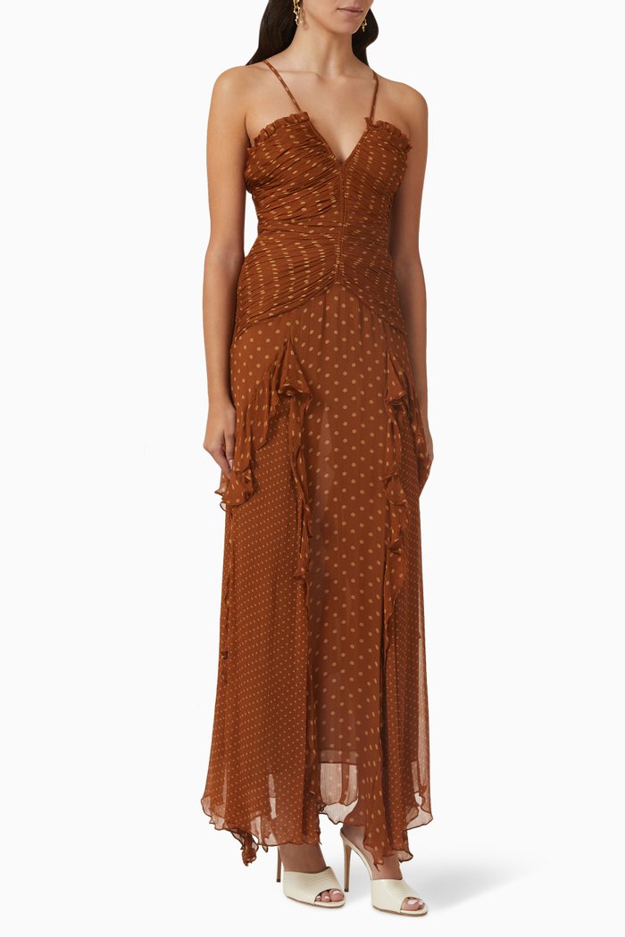 

Brielle Ruched Frill Maxi Dress in Chiffon, Brown