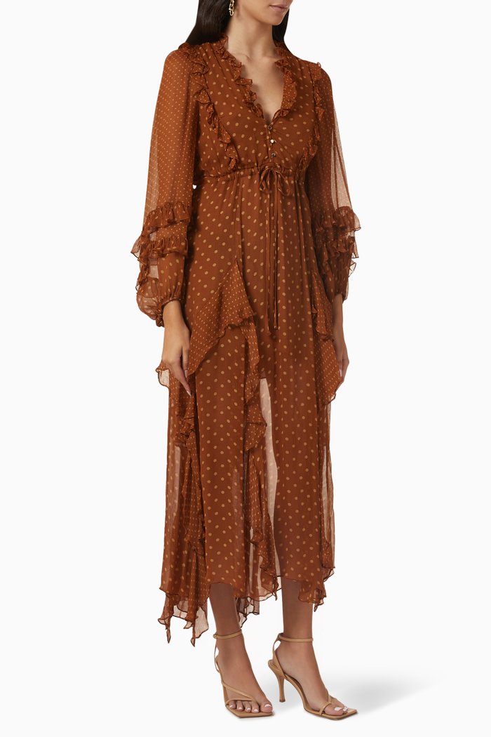

Brielle Frill Midi Dress in Chiffon, Brown