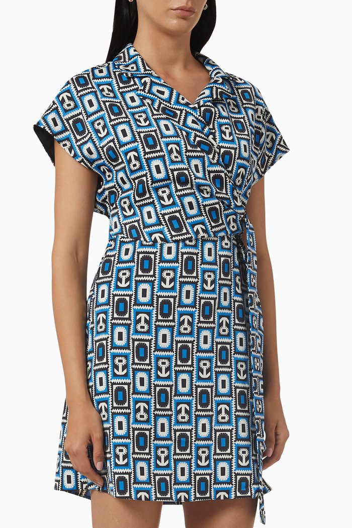 

Patterned Wrap Mini Dress in Satin, Blue