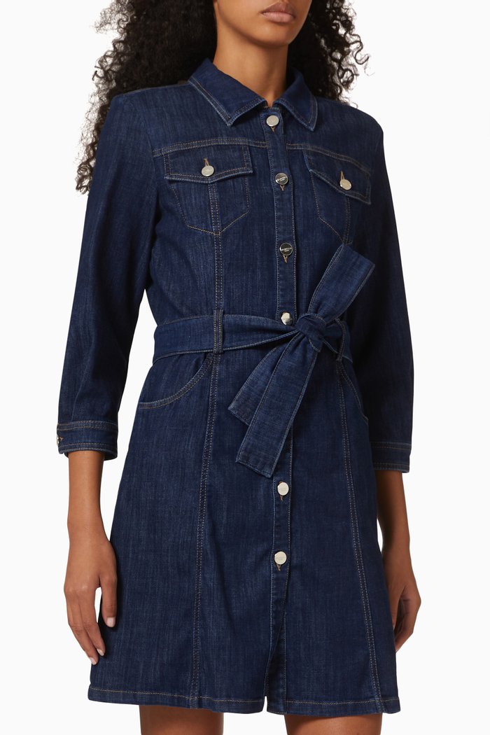 

Varna Belted Mini Dress in Raw Denim, Blue