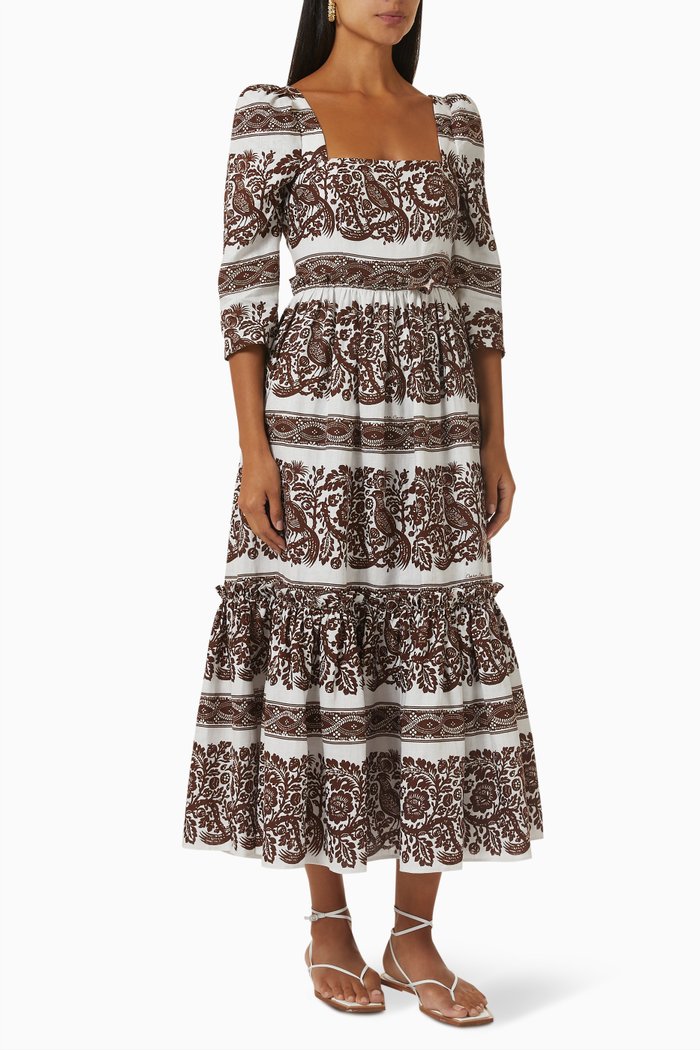

Blue Hill Printed Midi Dress in Cotton, Burgundy