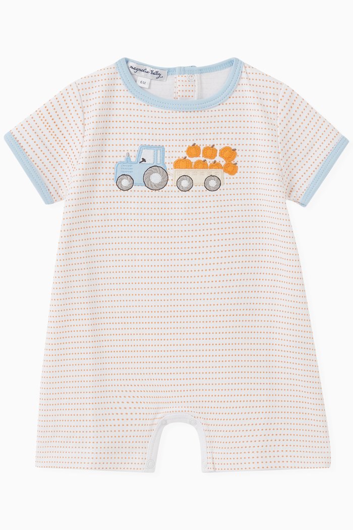 

Happy Harvest Appliqué Romper in Cotton, Orange
