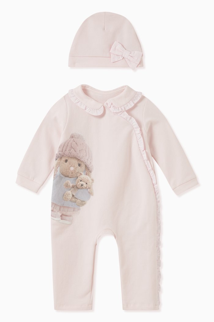 

Teddy Bear Bodysuit & Hat Set in Cotton, Pink