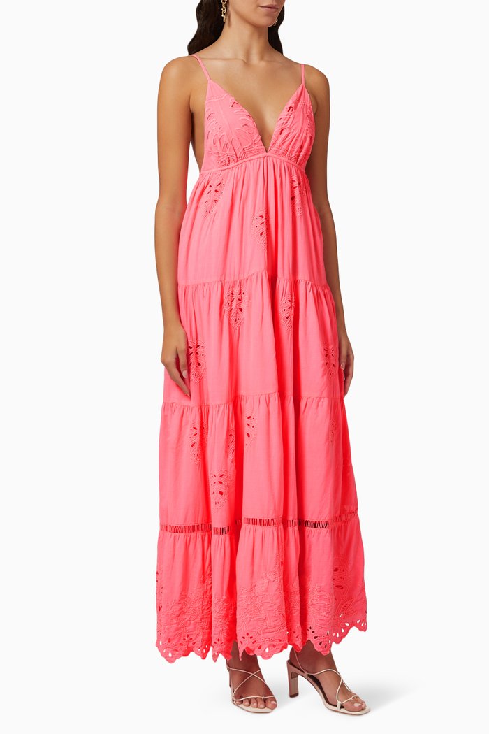 Tiered Lace Maxi Dress in Viscose, Pink