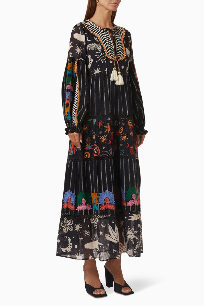 

Mixed Prints Embroidered Maxi Dress, Black