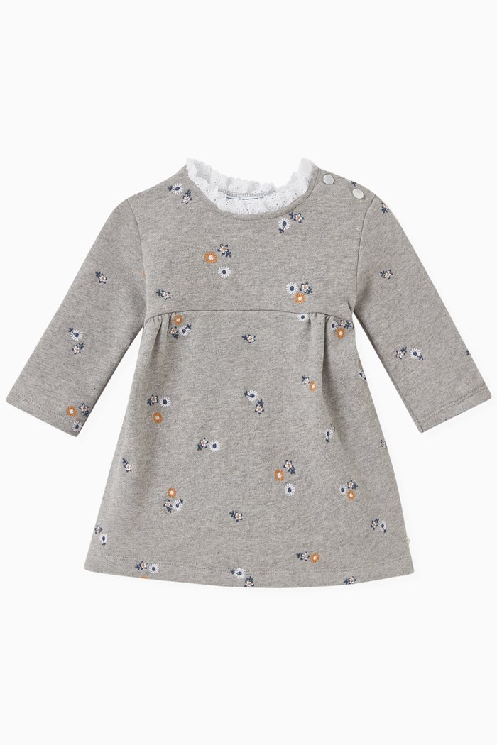 

Floral-embroidered Dress in Cotton-fleece, Grey