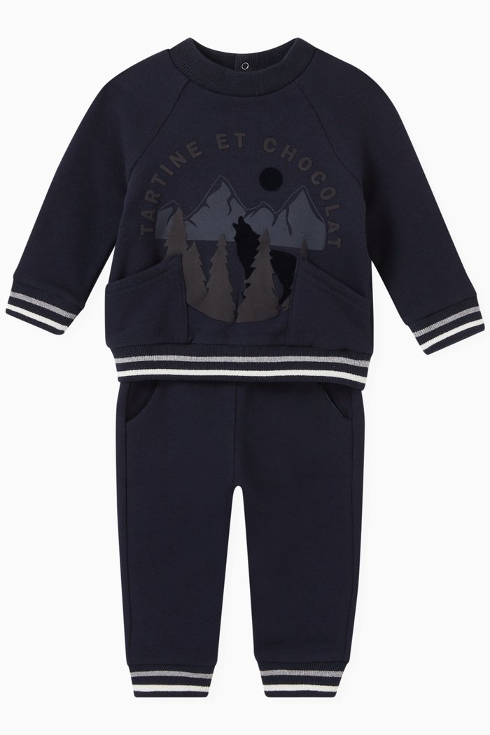 

Contrast-tipped Sweatshirt & Pants Set in Stretch-cotton, Blue