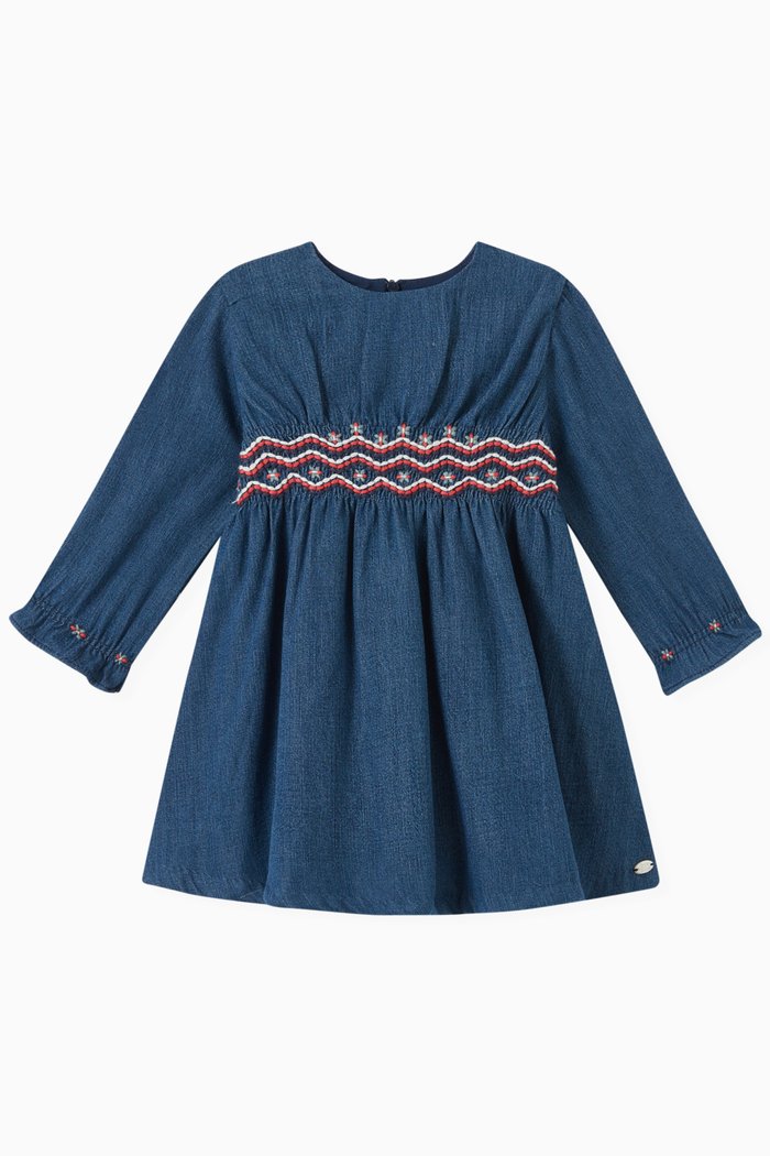 

Embroidered Smocked Dress in Cotton-twill, Blue