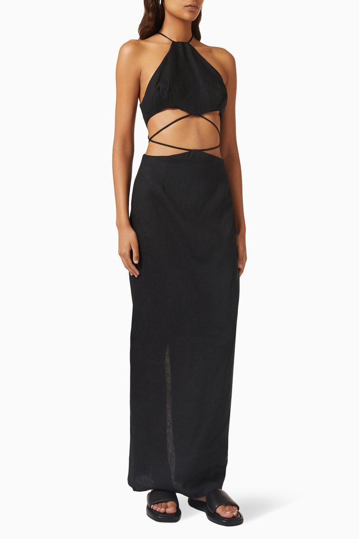 

Enigma Strappy Maxi Dress in Linen, Black