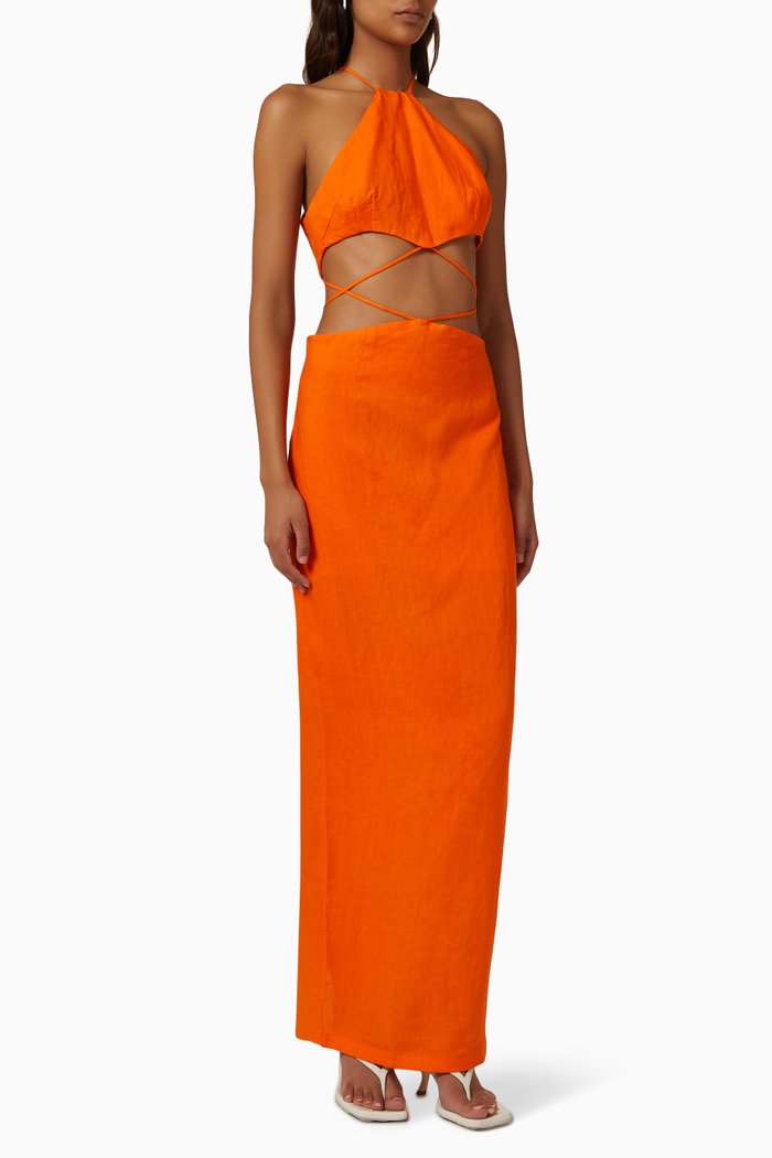 

Enigma Strappy Maxi Dress in Linen, Orange