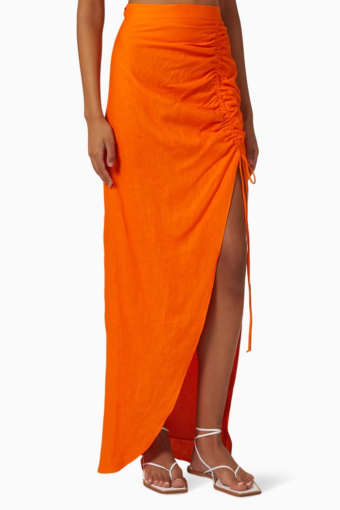 

Enigma Ruched Maxi Skirt in Linen, Orange