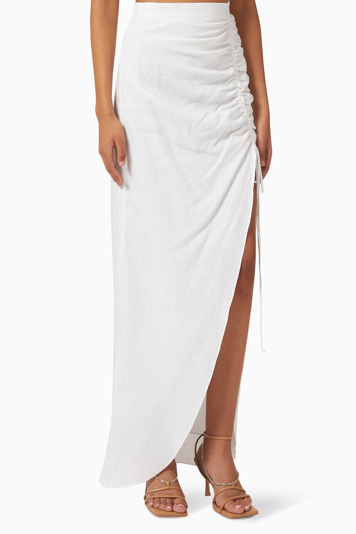 Enigma Ruched Maxi Skirt in Linen, White