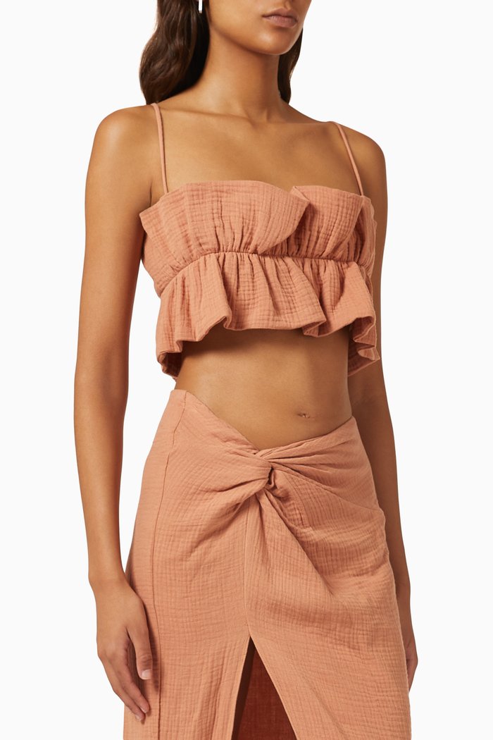 Mirage Gathered Crop Top in Cotton, Brown