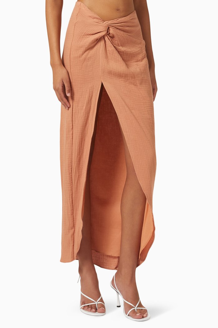 Mirage Twist-front Maxi Skirt in Cotton, Brown