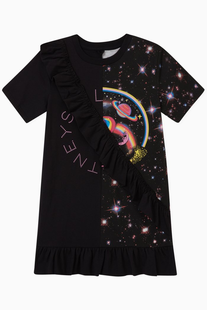 

Ruffled Graphic Dress in Organic Cotton, Black