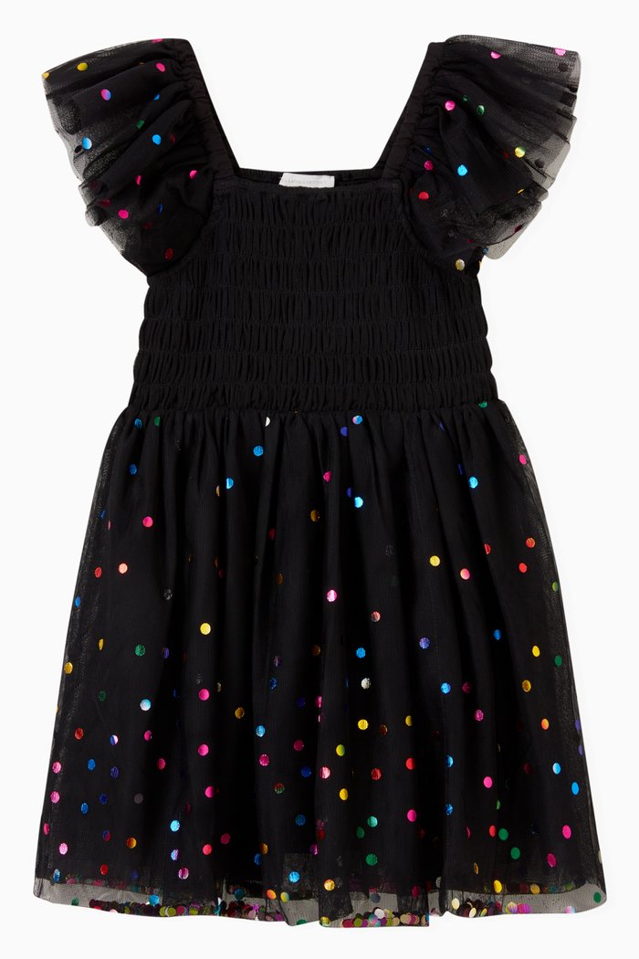 

Polka Dot Embroidered Dress in Tulle, Black