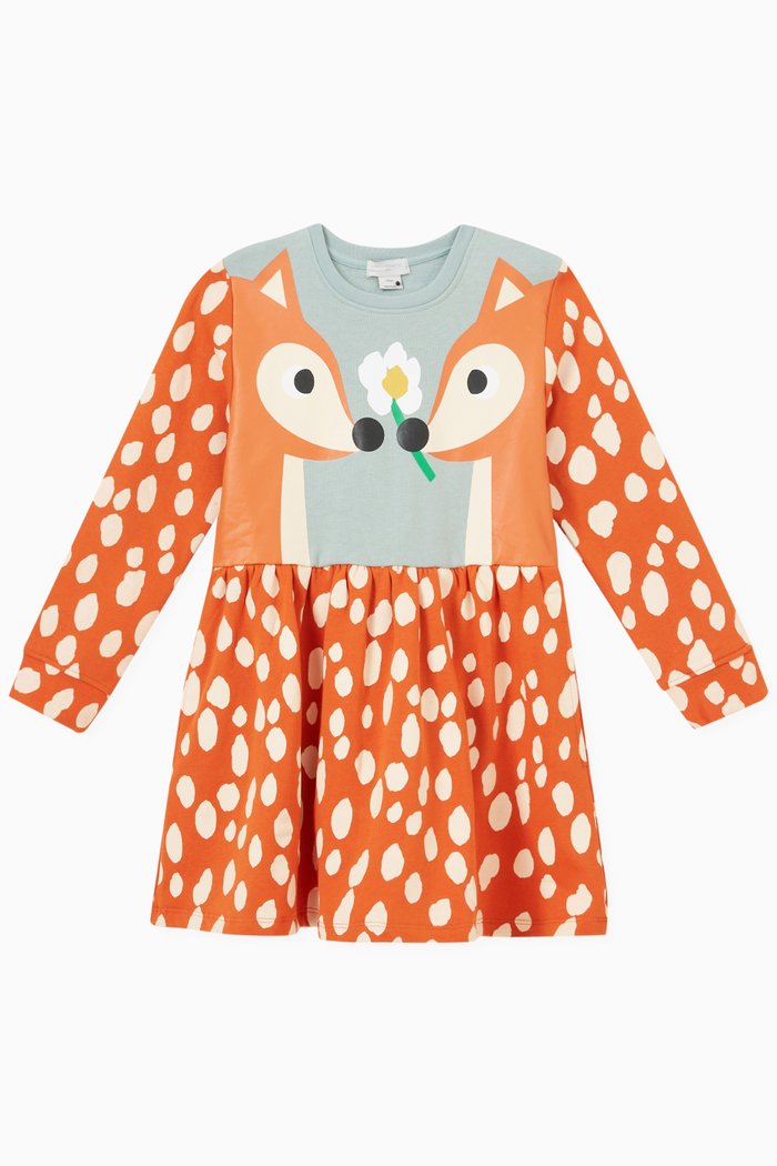 

Fox Print Dress in Cotton, Orange
