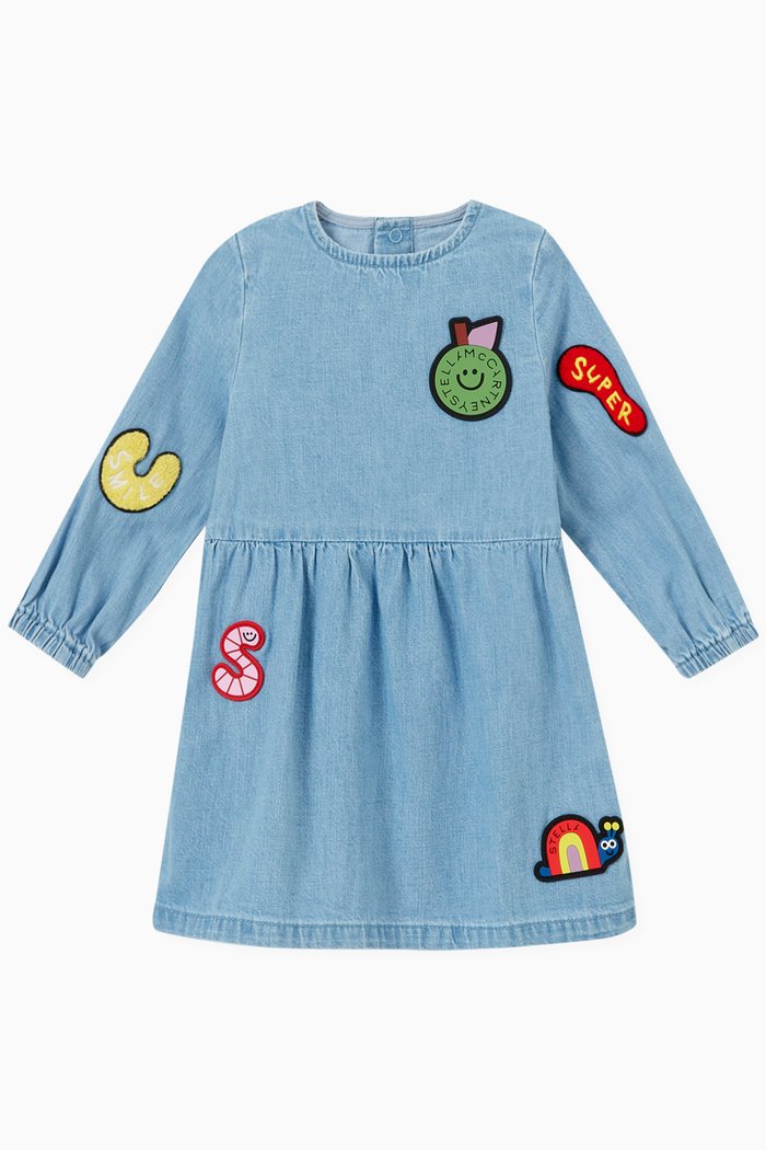 

Graphic Patch Dress in Denim, Blue