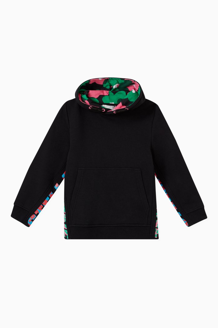 Floral Hoodie in Cotton-blend Fleece, Black