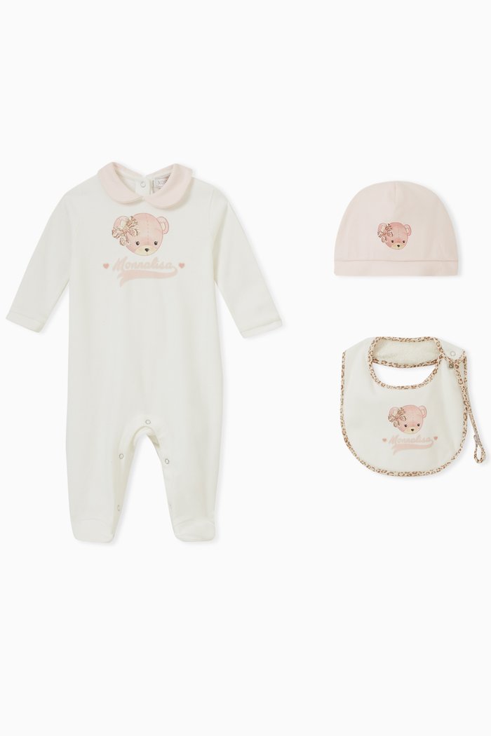 

Teddy Print Pyjama, Bib and Hat, Set of Three, White