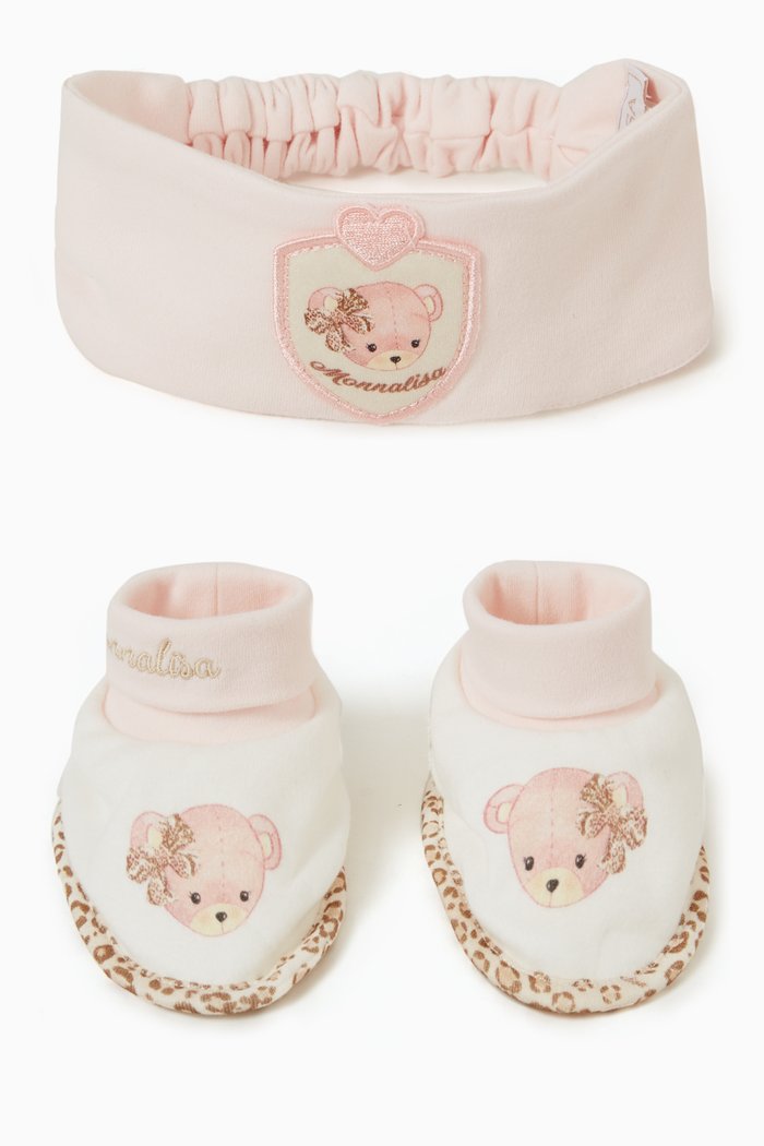 

Teddy Print Headband and Booties, Set of Two, Pink