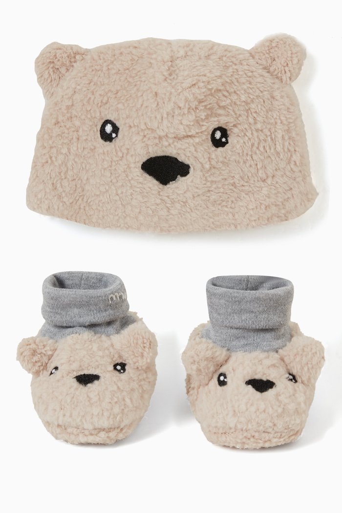 

Bear Bonnet and Booties in Faux Fur, Set of Two, Neutral