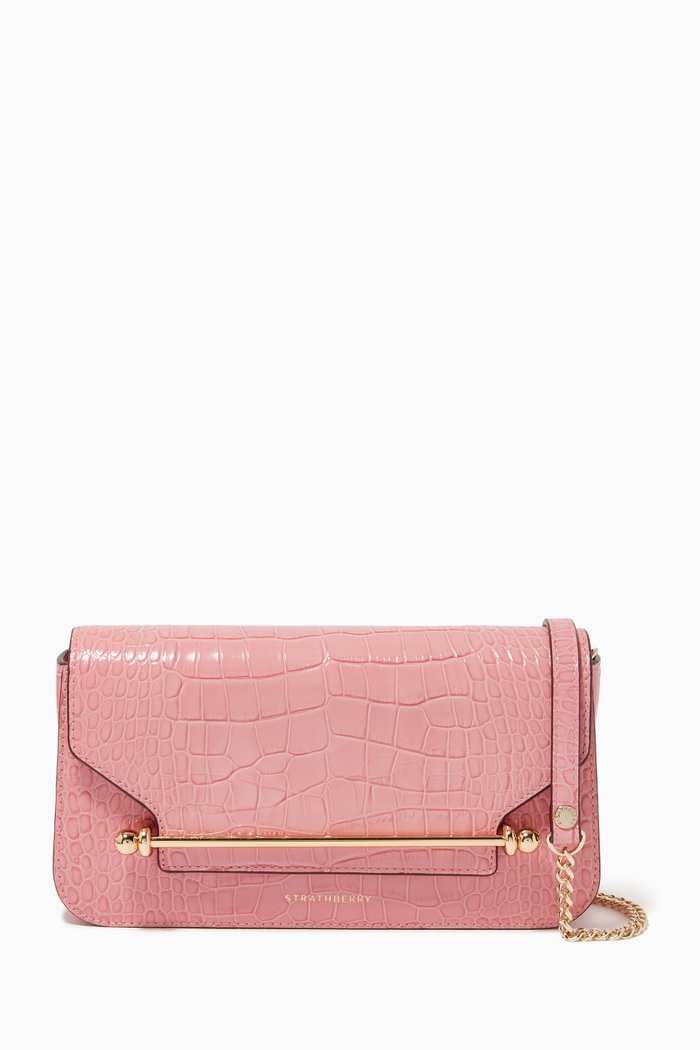 

East/ West Baguette Clutch Bag in Croc-embossed Leather, Pink