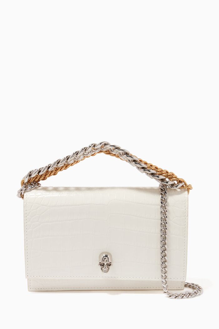 

Small Skull Bag with Chain in Croc-embossed Leather, White