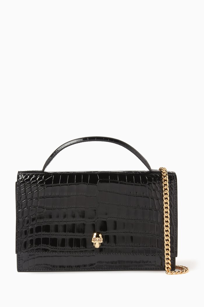 

Medium Skull Top-handle Bag in Croc-embossed Leather, Black