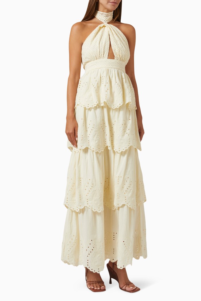 

Cora Tiered Maxi Dress in Broderie Anglaise, Neutral