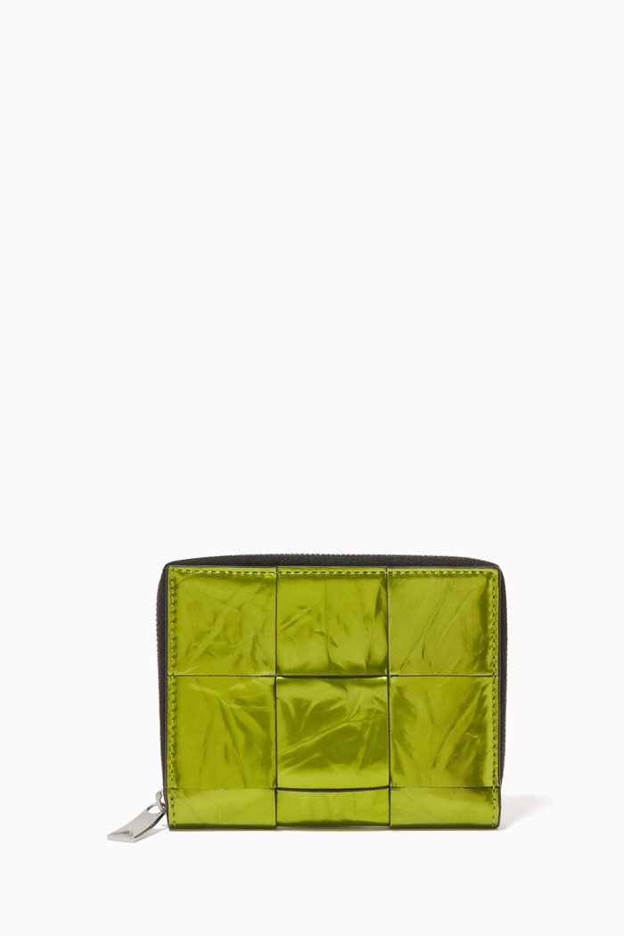 

Zip Around Wallet in Intreccio Metallised Crinkle Leather, Green