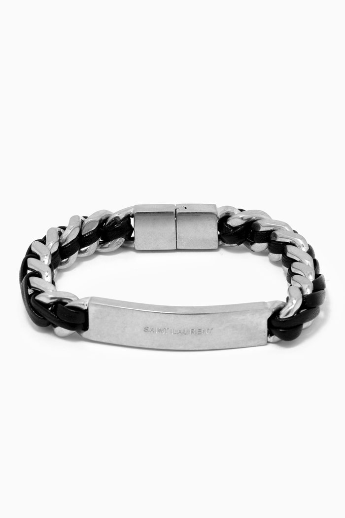 

Tag Curb Chain Bracelet in Leather & Metal, Black