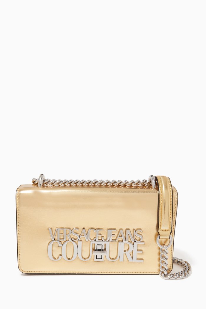 

Small Logo Lock Shoulder Bag in Leather, Gold