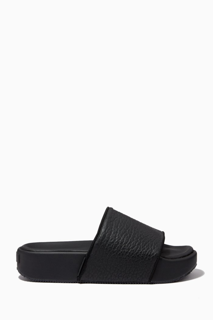 Platform Slide Sandals in Leather, Black