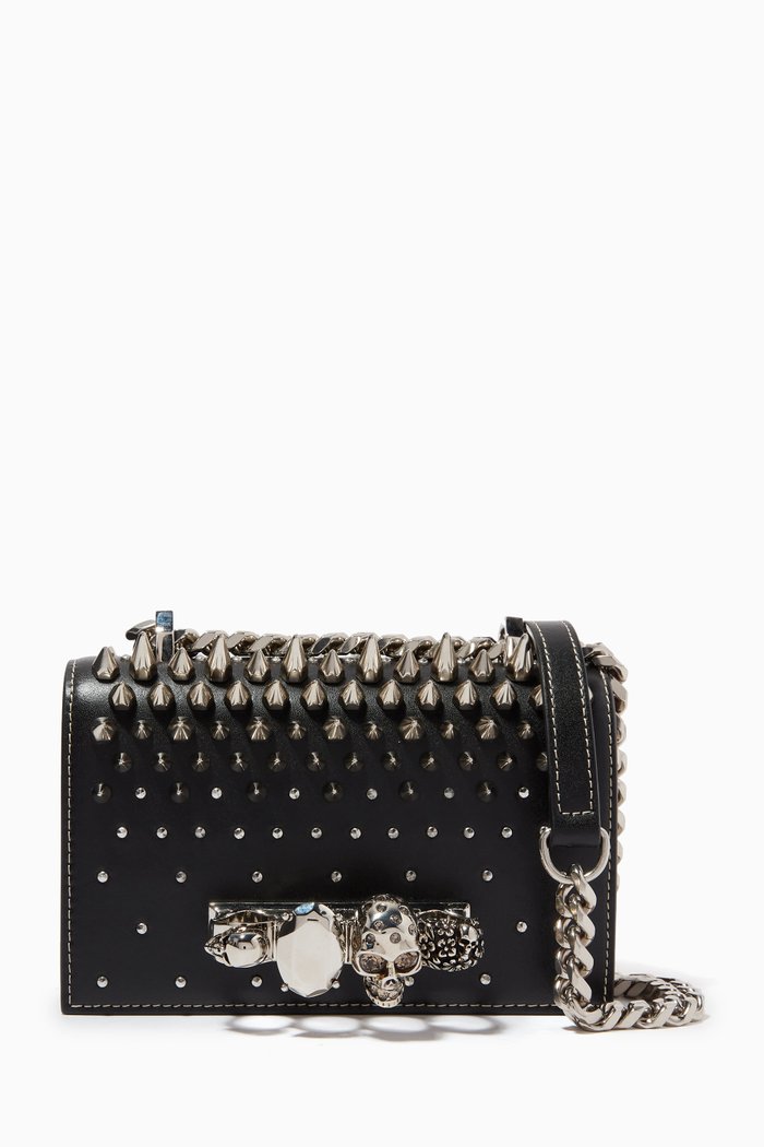 Mini Jewelled Satchel Bag in Calf Leather, Black