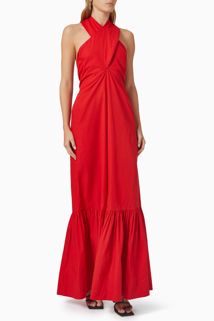 

Crossover Halter Maxi Dress in Sustainable Cotton, Red