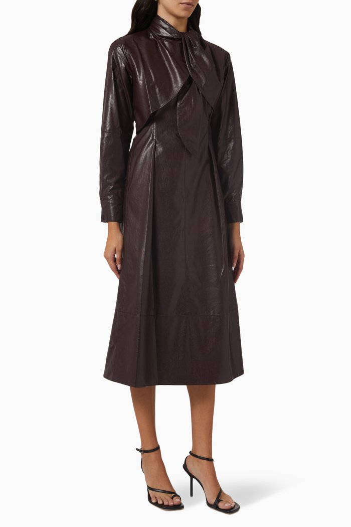 Scarf-tie Dress in Faux Leather, Burgundy