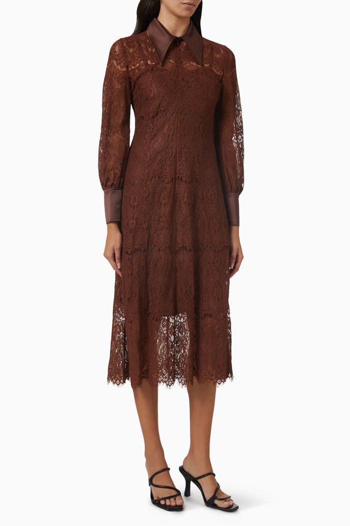 

Midi Dress in Lace & Satin, Brown