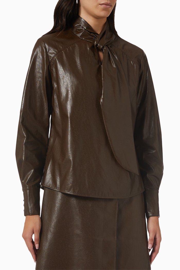 

Scarf-tie Blouse in Faux Leather, Brown