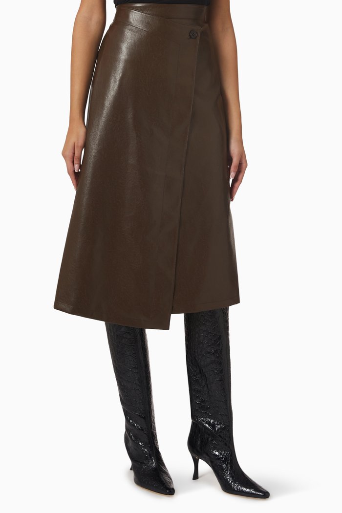 

Wrap Skirt in Faux Leather, Brown