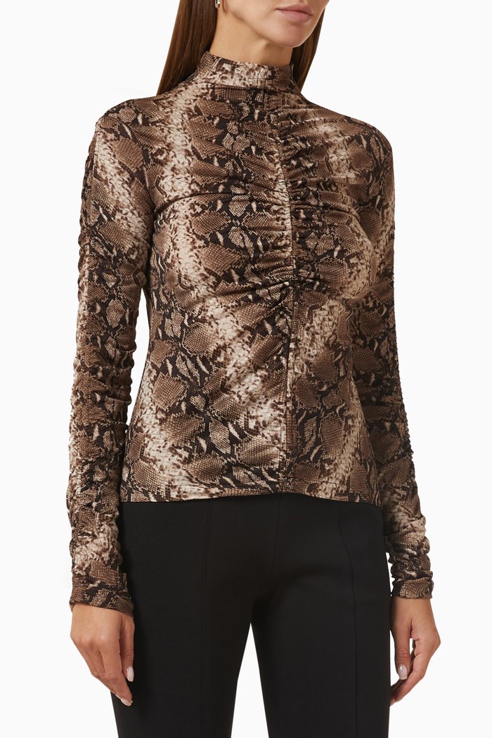 

Snake-print High-neck Shirred Top, Brown