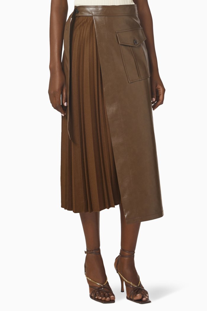 

Contrast Pleated Midi Skirt in Faux Leather, Brown