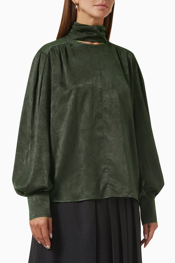 

High-neck Slit Blouse in Satin, Brown