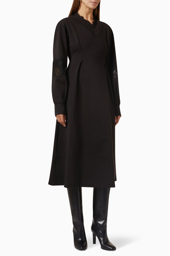 

Lace-trim Midi Dress in Crepe, Black