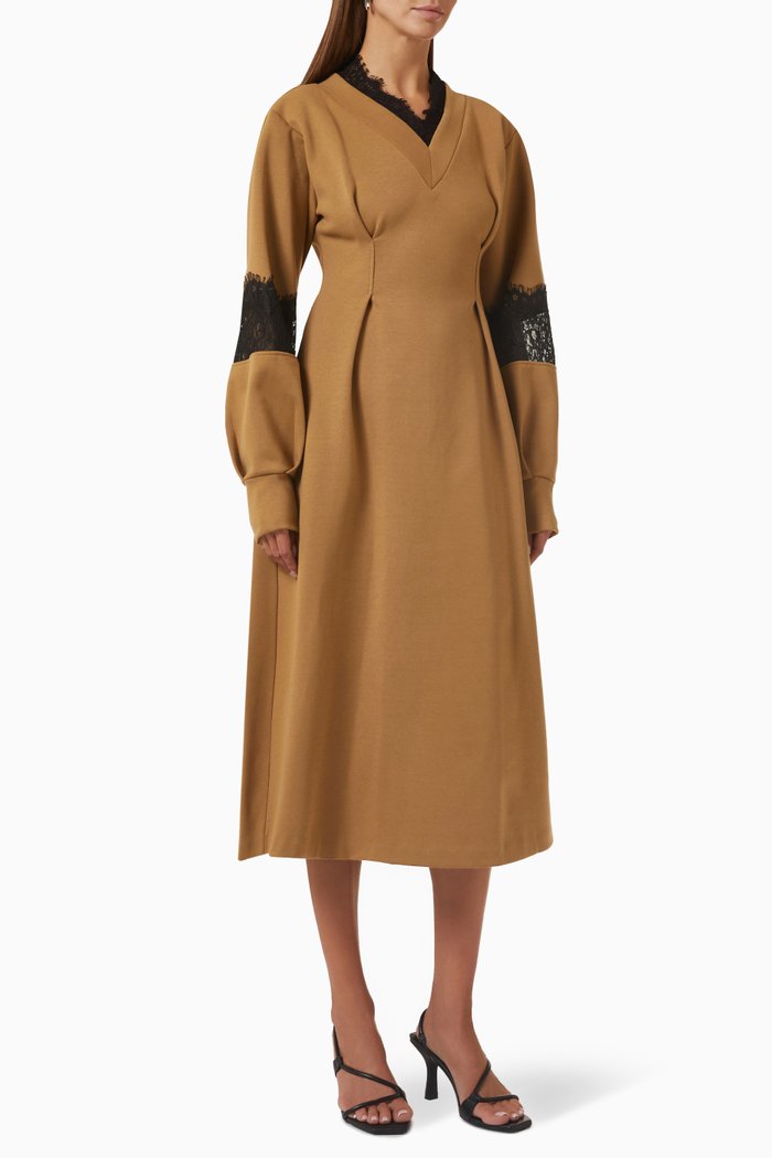 

Lace-trim Midi Dress in Crepe, Brown