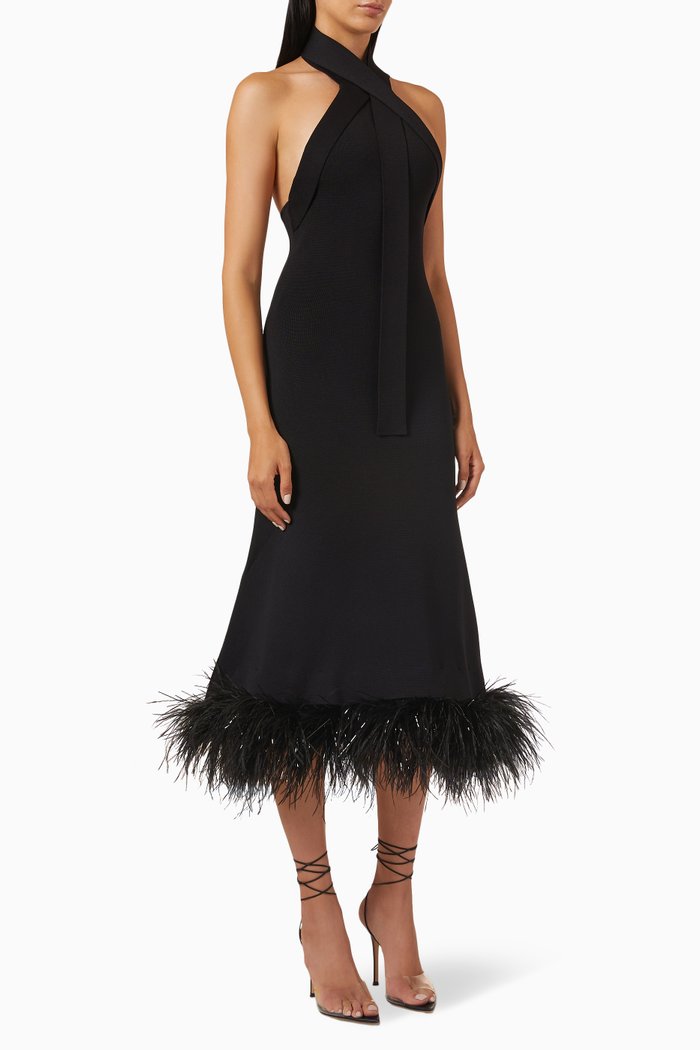 

Rita Feather Trim Dress in Viscose, Black