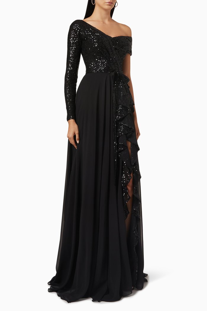 

Off-shoulder Sequin Gown, Black